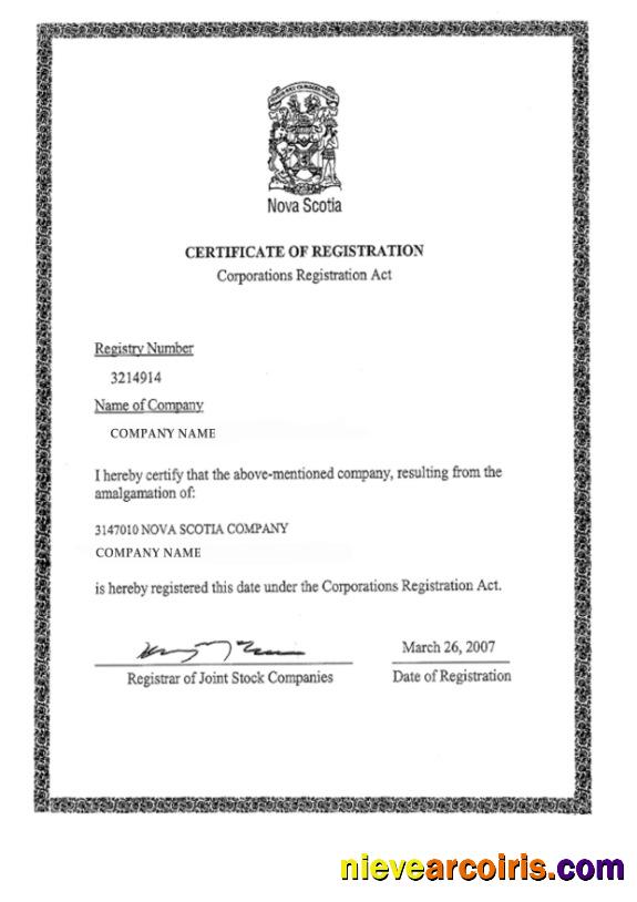 Nova Scotia Certificate of Registration